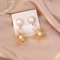 Elegant gold hollow flower earrings with white pearls on a champagne silk background - Style 25092909-3