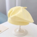 Knitted light yellow baby beret hat made of soft wool for infants and toddlers - Plain Knit Beret / Yellow