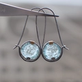Handmade vintage blue moonstone drop earrings with oxidized metal and gold accents - Crackle Round Pendant / Blue