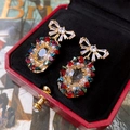 Detail of gold bow earrings with colorful crystals and pearls in a red jewelry box - Multicolored Gemstone Bowknot Oval Style (Silver Pin-Multicolor)