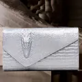 Silver envelope clutch bag with crocodile texture and snake head relief ornament - 8001 Silver