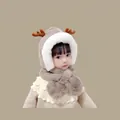 Winter brown reindeer earflap hat with soft plush lining and cute 3D antlers for babies - Handmade Deer Antlers Khaki (for Children Aged 1-4 Years)
