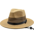 Classic straw fedora with breathable mesh band and black leather strap for sun protection - M(56-58cm) / Khaki
