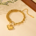 Golden double-layer chain bracelet with heart pendant and polished finish for women - Gold Double Chain Heart