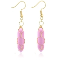 Fashionable pink hexagonal crystal pendant earrings with gold wire wrapping - Wire Wrapped Hexagonal Prism Earrings / Gold Pink Jade Style Earrings
