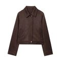 Chaqueta corta marrón oscuro de ante sintético con cuello clásico y diseño minimalista - XS / café