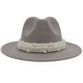 Gray wool felt jazz hat with wide brim and elegant multi-size pearl band accessory - Light Gray (Large Pearl)
