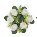 Artificial white rose and green eucalyptus leaf candle ring wreath for festive decor - New Wreath White