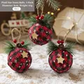 Three-piece red plaid Christmas balls with pine needles and cones on snowy background - Style A-Red and Black Plaid Foam Balls 3Pcs / Diameter 8cm
