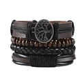 Vista dettagliata di un bracciale multistrato in pelle con albero della vita e perline - Misto Marrone Nero Perline di Legno