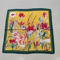Square silk scarf with yellow base and dark green border featuring vibrant floral patterns - Yellow Floral Square Scarf / 65