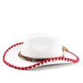 Detail of white felt cowboy hat with red fringe trim and ethnic beaded feather band - M(56-58cm) / White Red Edge