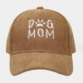 Detailed close-up of DOG MOM embroidery on the texture of a brown corduroy baseball cap - One Size / Khaki