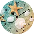 Round beach style wooden wall clock featuring starfish shell print and Arabic numerals - Shell Starfish