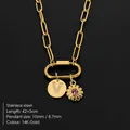 14K gold plated stainless steel necklace with letter V and pink stone floral charms - Gold / Letter V