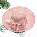 Pink lace sun hat for women with elegant ruffle bow decoration and wide brim design - Floral Pink