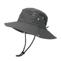 Detail view of dark grey wide brim sun hat with metal air vents and adjustable chin strap - One Size / Double Buckle Gray