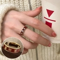 Elegant gold-plated open ring featuring a red enamel quatrefoil motif on chain bands - Open Adjustable / Red Gold Four-Leaf Clover Style (JZ6730)