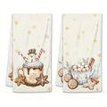 Christmas microfiber kitchen towels with festive snowman and cocoa prints in beige - Design 20 (2PCS)