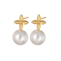 Elegant 18K gold plated stainless steel floral earrings with lustrous round white pearls - Gold Four-Petal Flower Pearl Earrings