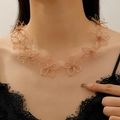 Elegant gold woven metal flower necklace featuring a minimalist geometric petal design - Multi-layer Hollow Flower Necklace / Gold (kc Gold 7537)