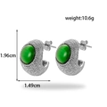 Silver C-shaped stainless steel earrings with round green cat-eye stone dimensions - Silver C-Shaped Green Gemstone Style (ER-1392)