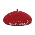 Detailed view of red wool beret adorned with elegant pearls and sparkling rhinestones - Red