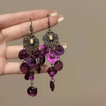 Pendientes vintage con lentejuelas moradas, borlas y detalles en bronce para estilo playa - Morado