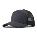 Detail view of the breathable mesh back and solid front panel of this dark grey trucker hat - Dark Gray