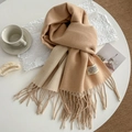 Beige and camel double-sided cashmere-style scarf with long tassels and woven label - 200cm / Camel Beige