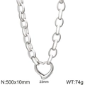 Silver hollow heart necklace with oval links and product size specifications - Steel Necklace 500x10mm (KN286854-Z)