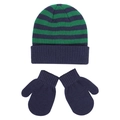 Detail of children striped knit beanie and matching navy mittens for winter warmth - S / Mittens Style / Navy And Green Stripes