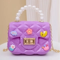 Purple silicone mini crossbody bag for kids with pearl handle and cartoon charms - With Random Patches / Purple