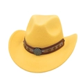 Close-up of yellow cowboy hat with brown leather band and vintage star metal ornament - Yellow