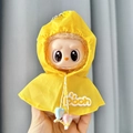 Miniature doll wearing a yellow raincoat accessory with pooh text and heart charms - Yellow Raincoat / First And Second Generation Keychains Are Compatible With La Cloth Dolls. Dolls Not Included.