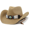 Bohemian western straw hat with turquoise beaded band and wide curved brim for women - M(56-58cm) / Khaki