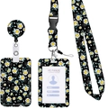 Retractable ID badge holder set with white daisy floral print on black background - Blue Daisy