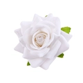 Detailed view of handmade white fabric rose with green leaves for floral hair accessories - White