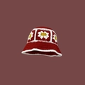 Detail of red crochet bucket hat with handmade white and yellow daisy floral patterns - One Size / Red White Border Floral Hat