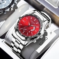ORUSS men's silver steel watch featuring a vibrant red sunray dial and chronograph detail - Silver Band Red Face