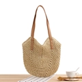 Gehäkelte Schultertasche aus Papierstroh mit braunen Ledergriffen in Beige - Beige