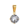 Close-up of a sparkling round clear zircon pendant in a polished gold metal setting - White