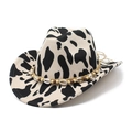 Chapeau en feutre à motif vache à bord large orné d'un ruban de coquillages et perles bois - M (56-58cm) / Beige