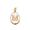 Detailed macro of 22mm stainless steel oval pendant with mother of pearl and golden letter M - Gold Letter M