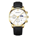 Detail view of gold-tone watch case with white multi-functional dial and Roman numerals - Black Strap Gold Case White Dial Gold Hands