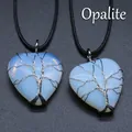 Opalite heart pendant necklace featuring silver wire wrapped tree of life design - Synthetic Opal (Silver)
