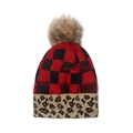 Winter knit pom pom beanie featuring buffalo plaid pattern and leopard print cuff detail - M (56-58cm) / Red
