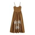 Bruine maxi-jurk met spaghettibandjes, witte kokosnotenborduring en knopen aan de voorkant - XS / Donkerbruin