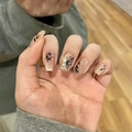 Press-on nails with nude gradient, black branch motifs and 3D gold glitter butterfly - Glue Type / Ink Bamboo Wings Style (BY1373)