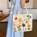 Large cream canvas tote bag with colorful cartoon summer prints and sunflower patterns - Romance and Flowers